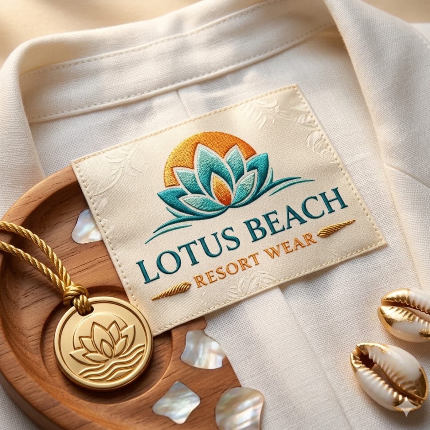 Hand-embroidered Lotus Beach label on natural linen, finished with a gilded lotus medallion and cowrie shells