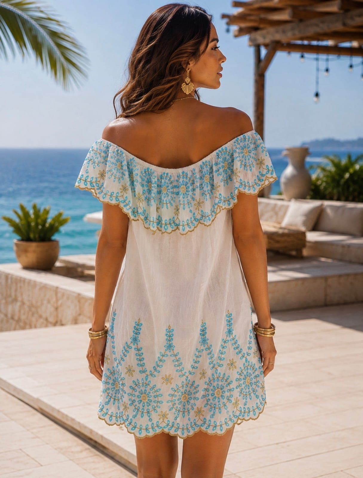 Azure Bloom Embroidered off-shoulder Resort Dress — view 2
