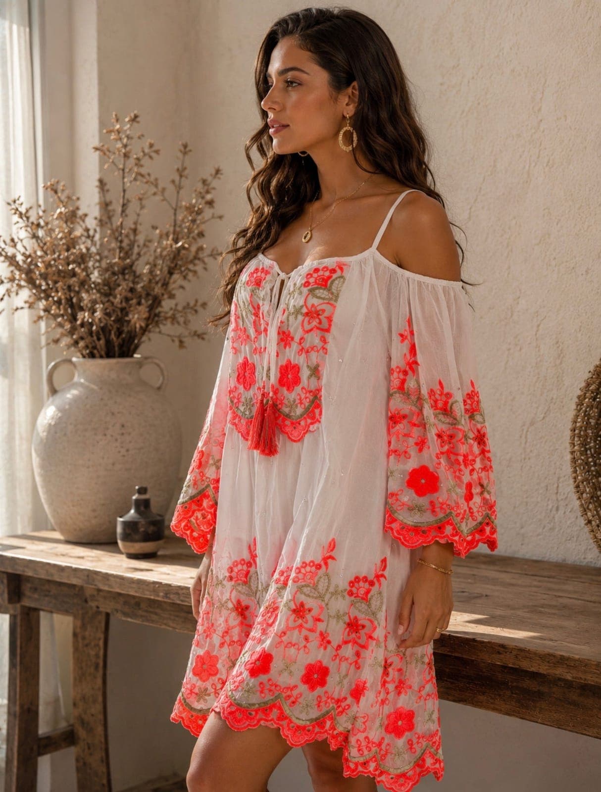 The Coral Glow Embroidered Resort Dress — view 3